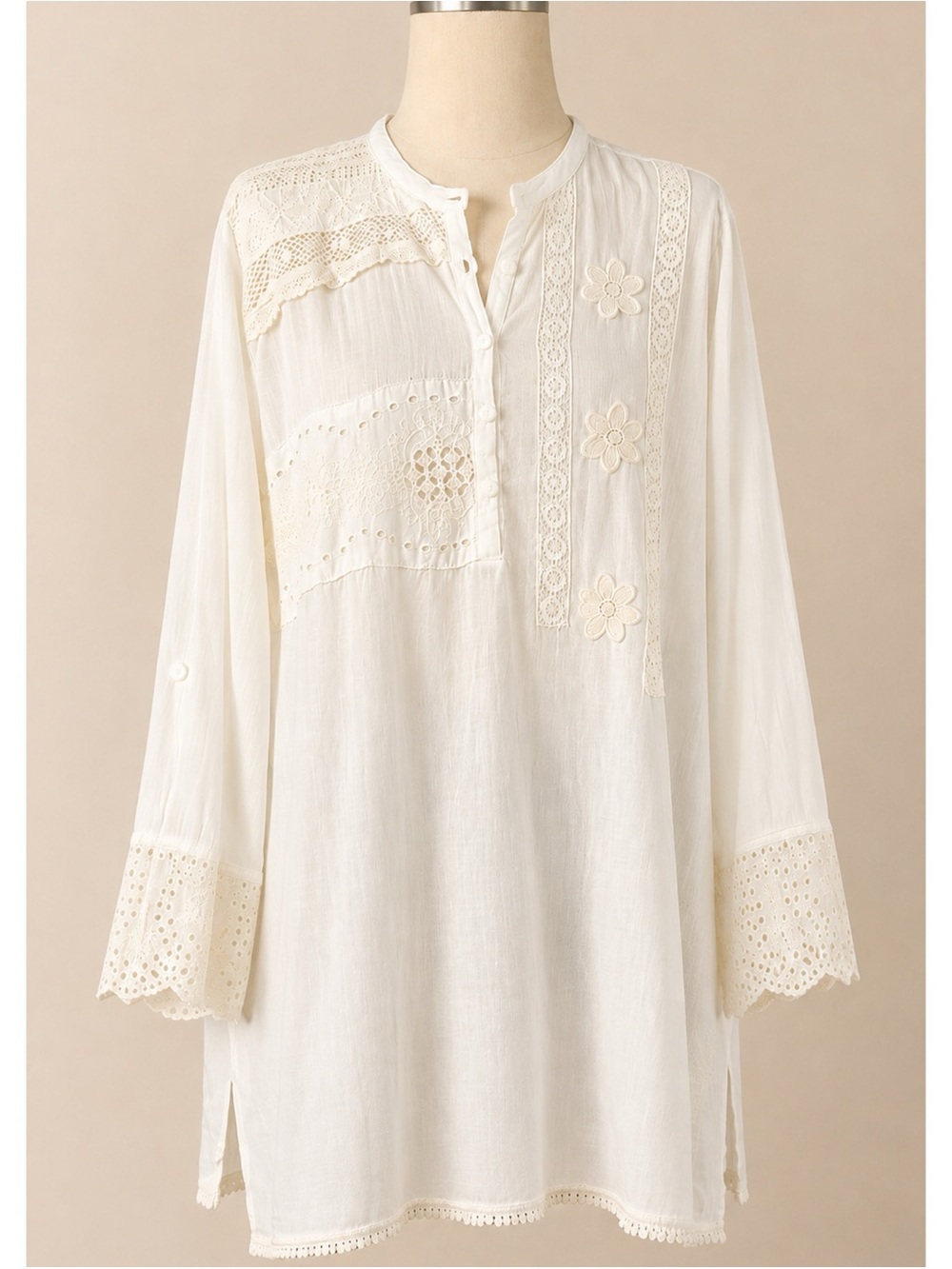 Johnny Was White Kit Embroidered Lace Crochet Tunic Top L